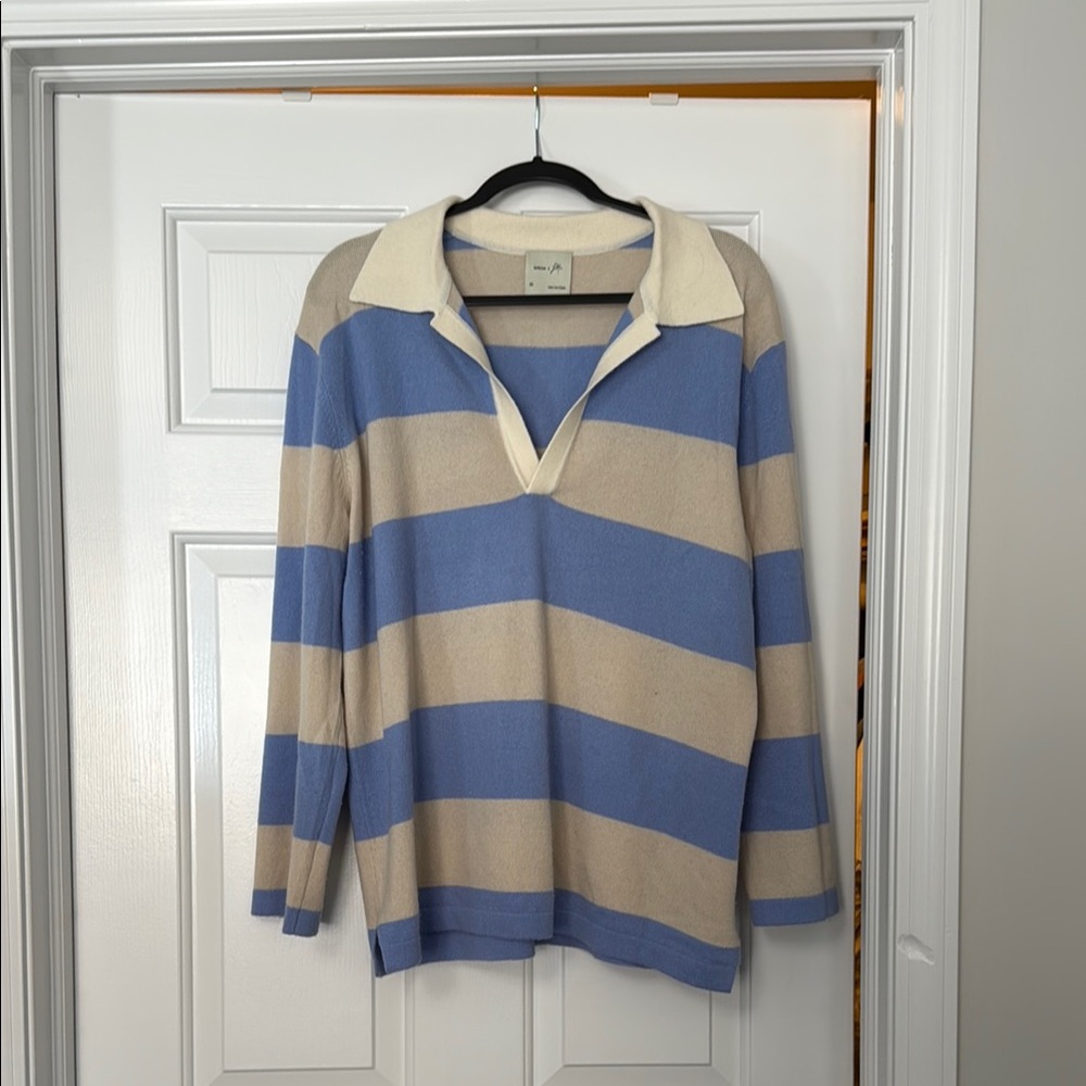 Apres June x LoMurr 100% Cashmere Blue and Cream Striped Collared Sweater